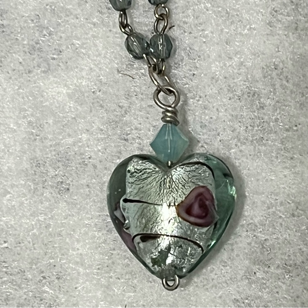 Heart-Shaped Glass Silver & Purple Pendant Necklace 
w/Bicone Swarovski Crystal